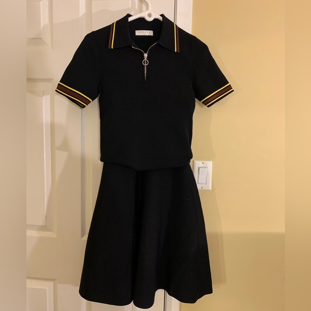 Sandro 2-Piece Black Knit Zip Polo Top & Ribbed MIDI Skirt Set - Picture 2 of 10